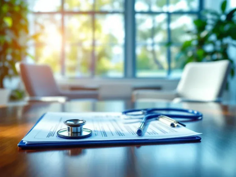 Medische consultatiekamer met stethoscoop en klembord op bureau, twee stoelen voor arts-patiënt gesprek