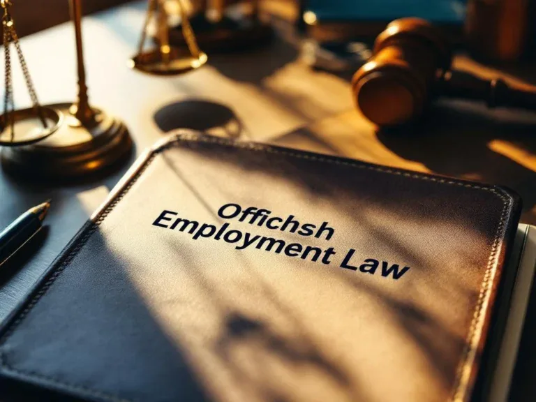 Professioneel bureau met open Nederlands arbeidsrecht document, weegschaal van justitie, hamer en pen in warme verlichting