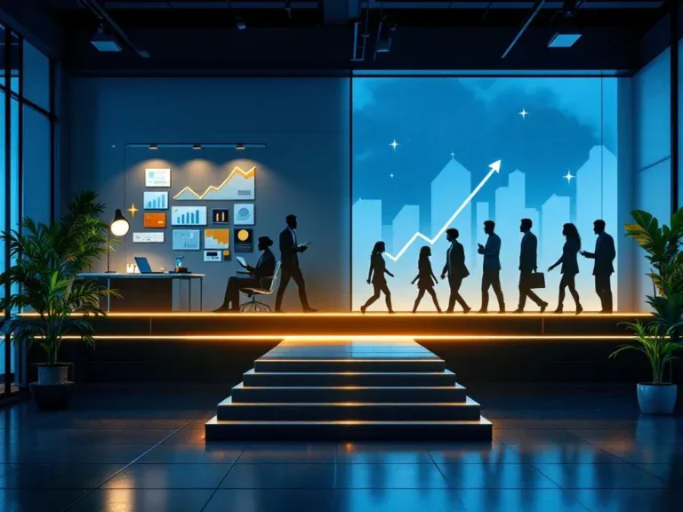 Moderne kantooromgeving met gloeiende brug die kleine bedrijfsruimte verbindt met diverse professionals in beweging