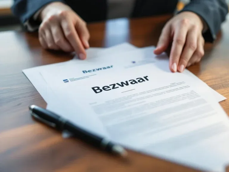 Handen houden Nederlandse Bezwaar formulieren op houten bureau met pen, officiële overheidsdocumenten voor juridische procedures