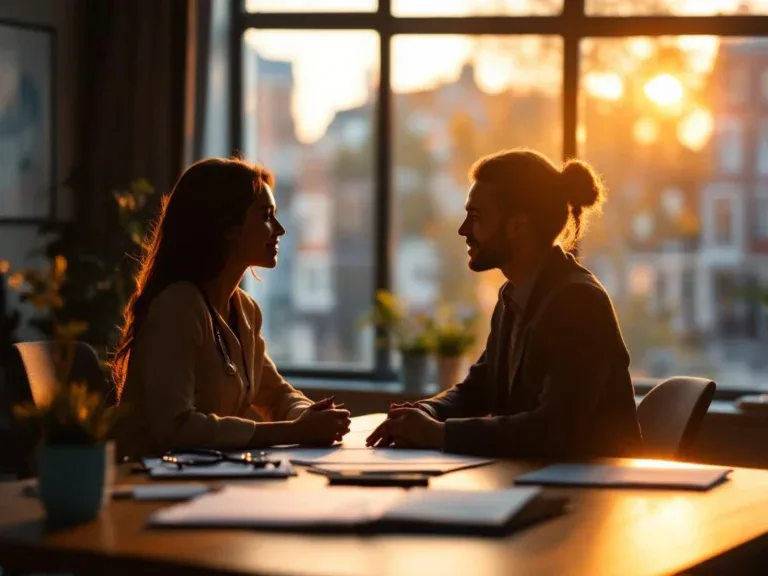 Professioneel consult tussen twee personen aan bureau met medische documenten en carrièreplanning materialen in modern kantoor