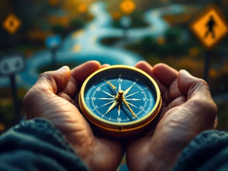 Verweerde handen houden gouden kompas vast met wegwijzers op achtergrond, symbool voor carrièreoriëntatie