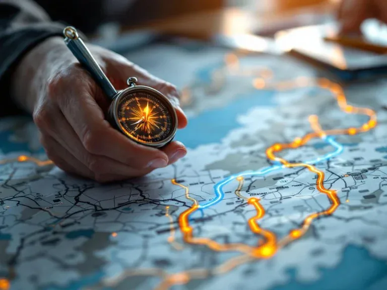 Professionele handen houden kompas boven wegenkaart met gloeiende bestemmingsmarker voor carrièrebegeleiding