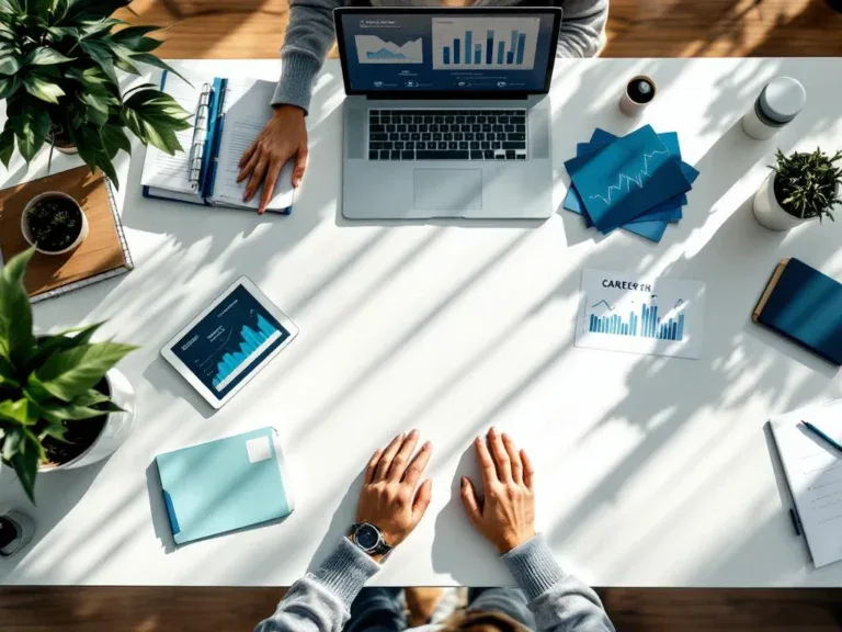 Moderne bureauopstelling met laptop, mappen en tablet voor loopbaanbegeleiding tijdens ziekteverlof en herstel