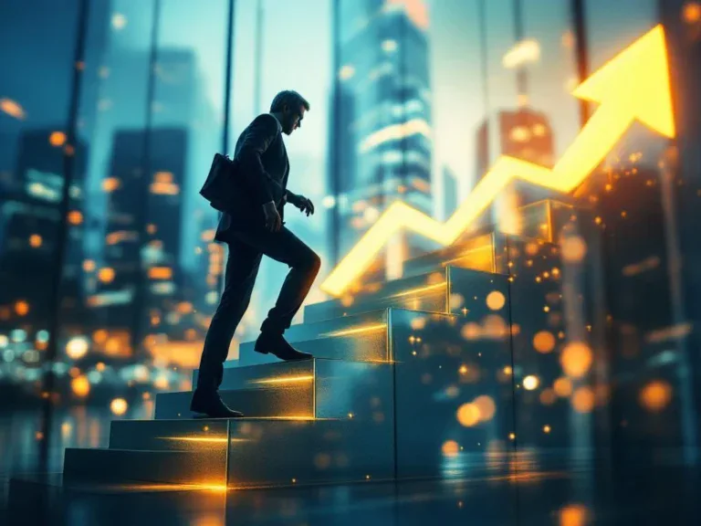 Professionele silhouet klimt glazen trappen naar modern kantoor, symboliseert carrièregroei en zakelijk succes