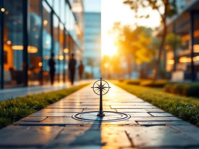 Kruispunt met kompas toont twee carrièrepaden: links modern kantoor, rechts externe consultancy workspace