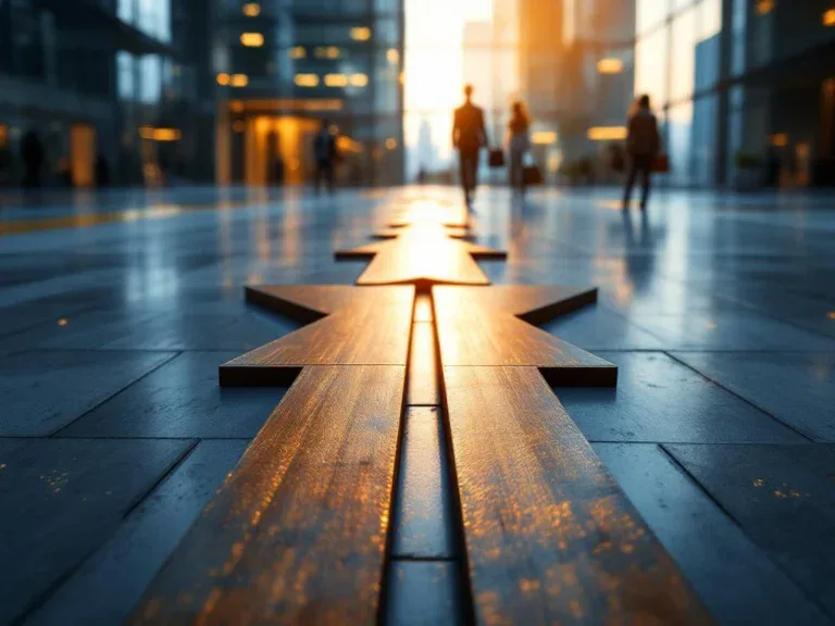 Kruispunt met houten en metalen richtingpijlen naar verschillende carrièrebestemmingen, kantoorgebouwen op achtergrond