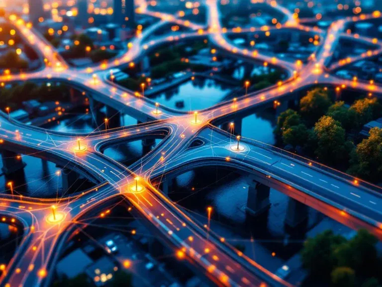 Luchtfoto van verlichte paden en bruggen die kantoorgebouwen verbinden, symboliseert carrièrenetwerken en werkgelegenheid