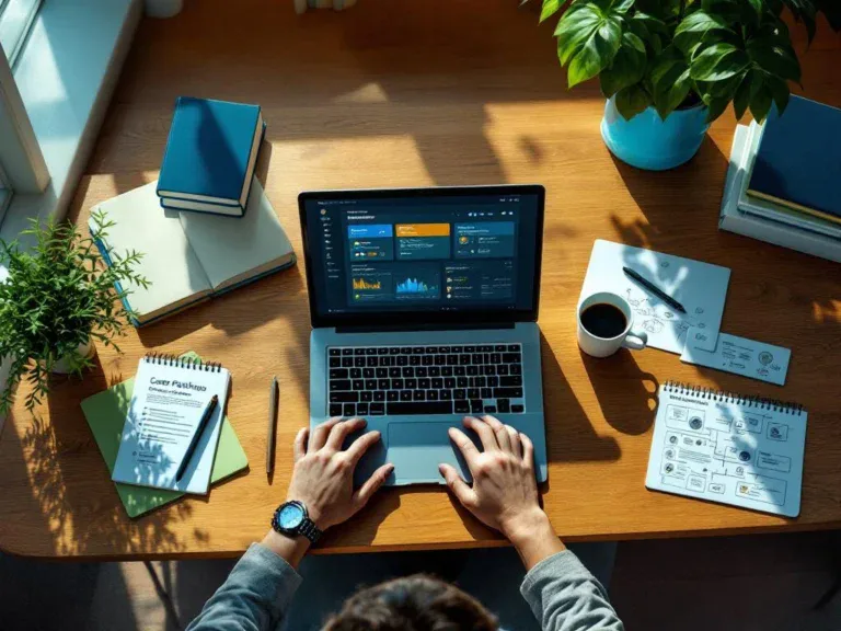 Bovenaanzicht van houten bureau met laptop met loopbaanontwikkelingsdashboard, certificatieboeken en online cursusmateriaal