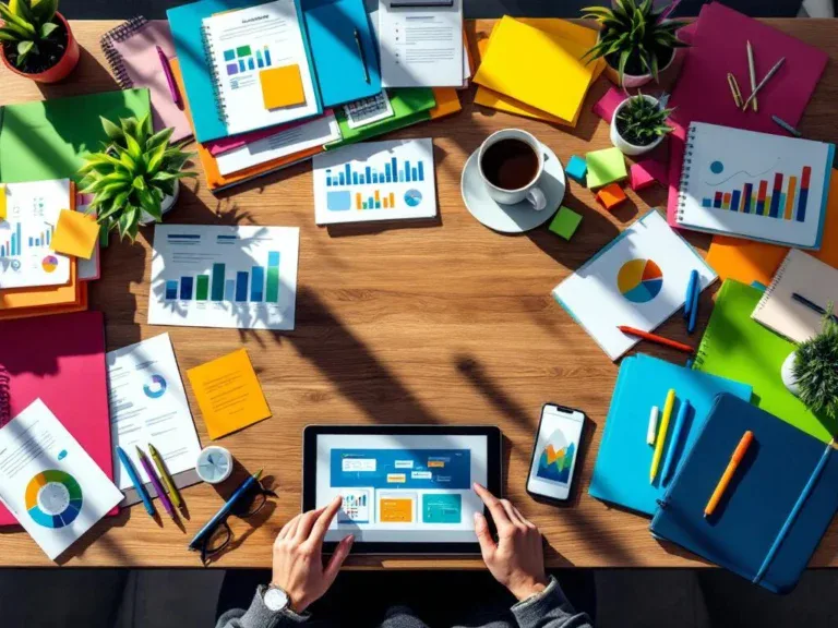 Bovenaanzicht van georganiseerd houten bureau met kleurrijke mappen, tablet met workflows en professionele hulpmiddelen