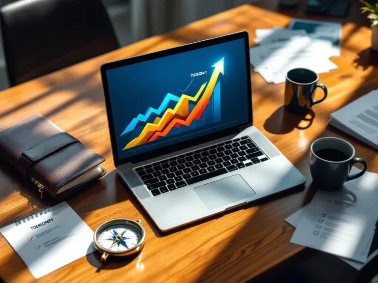 Modern bureau met laptop die carrièregrafiek toont, omringd door professionele items en kompas wijzend naar "TOEKOMST"