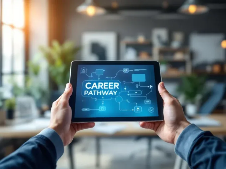 Handen houden tablet met digitaal carrièrediagram in moderne kantooromgeving met natuurlijk licht