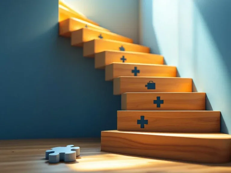 Houten trap naar boven met medische kruizen en aktetas iconen, puzzelstukken vormen pad voor carrière in zorgverlening