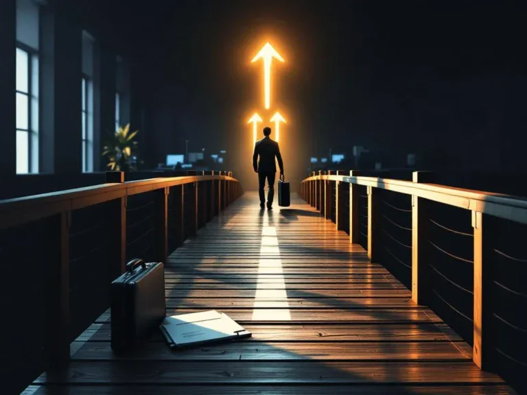 Houten brug verbindt donkere kantooromgeving met verlichte moderne werkruimte, symboliseert carrièretransitie
