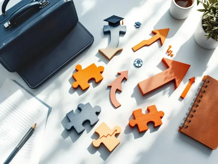 Houten puzzelstukken vormen pad van aktetas naar carrièresymbolen: laptop, diploma, handdruk en groeigrafiek op bureau