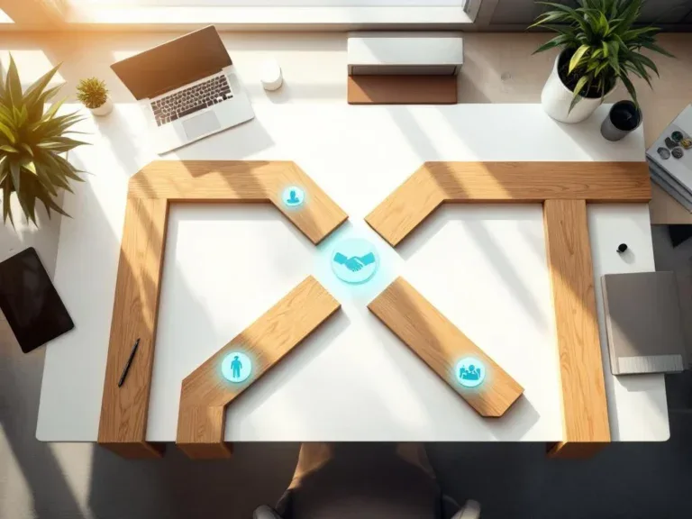 Bovenaanzicht van houten paden op wit bureau die leiden naar carrièresymbolen: computer, training, mentorschap en vaardigheden