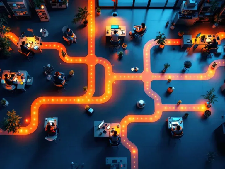 Luchtfoto van moderne kantoorwerkruimte met diverse carrièrepaden als verlichte routes naar verschillende werkstations