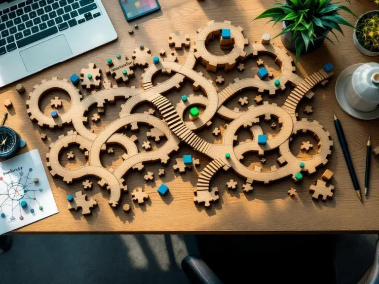 Bovenaanzicht modern bureau met houten puzzel, kompas naar "kansen", bouwblokken en netwerkdiagram voor carrièretransitie