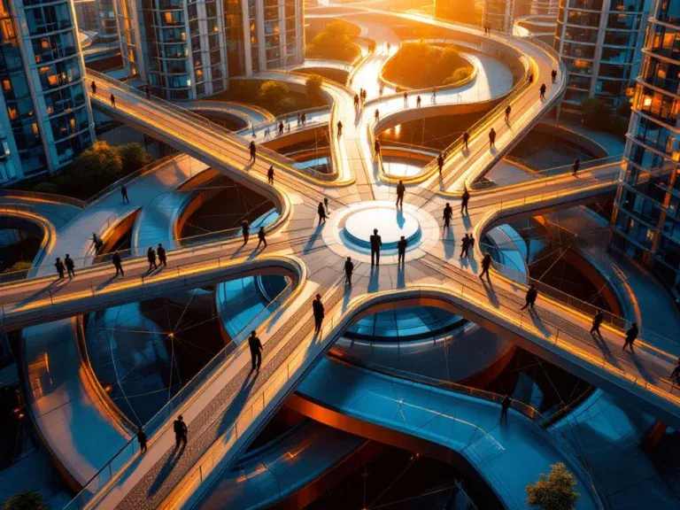 Luchtfoto van onderling verbonden paden waar zakenmensen lopen, symboliseert carrière-reïntegratie mogelijkheden