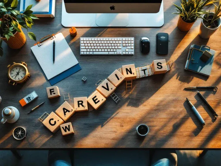 Bovenaanzicht modern bureau met houten blokken en metalen connectoren die carrièrereïntegratieroutes vormen, met kompas en ladder