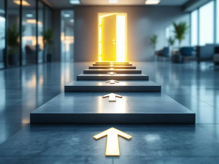 Professioneel stenen pad dat omhoog leidt door modern kantoor naar gloeiende deur, symboliseert carrièrekansen