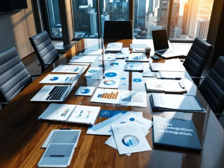 Bovenaanzicht van moderne vergadertafel met documenten, organisatieschema's en institutionele samenwerkingsmateriaal