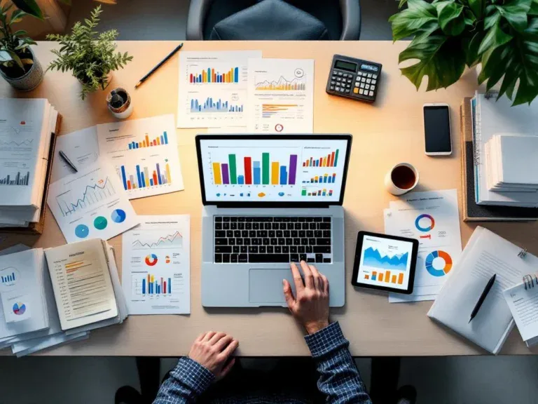 Bovenaanzicht moderne werkplek met laptop, grafieken, rapporten en tablet met data-analyse dashboards op bureau