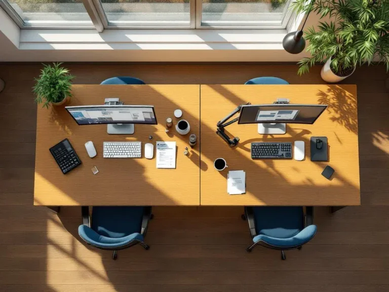 Moderne kantoorwerkplek met standaard en ergonomische bureauopstelling, aanpasbare monitorarmen en ondersteunende accessoires