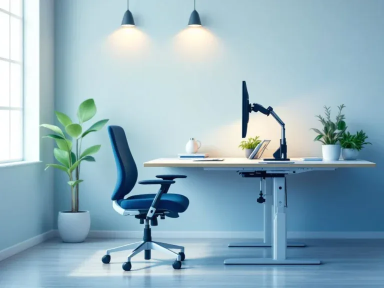 Moderne ergonomische werkplek met verstelbaar bureau, aangepaste stoel en toegankelijkheidsvoorzieningen in professionele omgeving