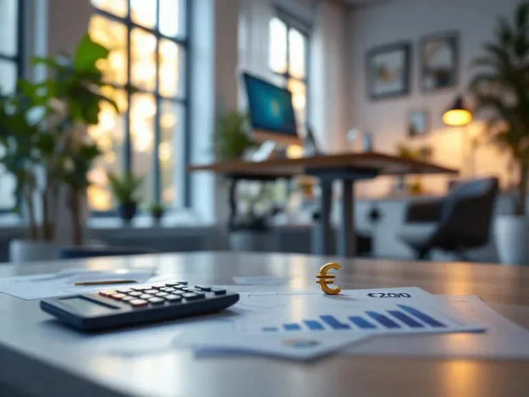 Ergonomische werkplek met verstelbaar bureau en aangepaste apparatuur, financiële documenten met euro-symbolen op voorgrond
