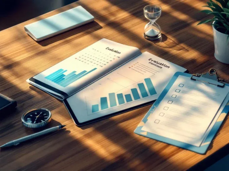 Bovenaanzicht van modern bureau met open kalender, tablet met voortgangsgrafiek en klembord met checkboxes