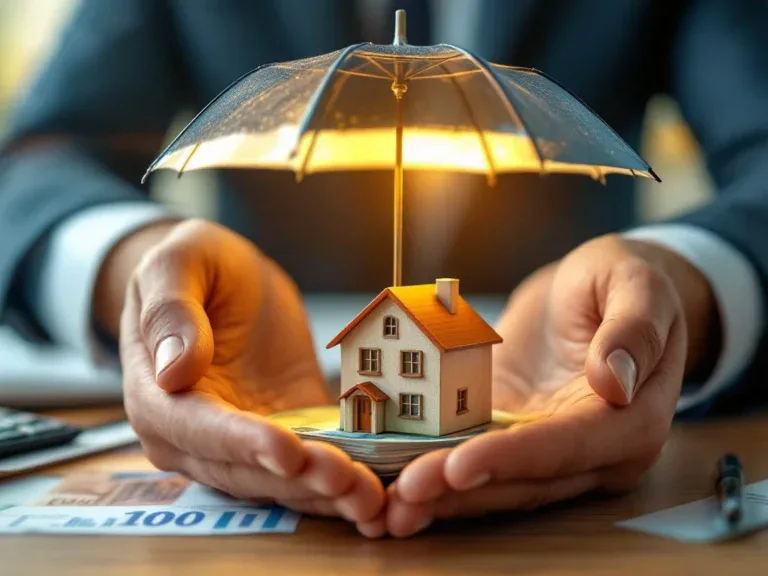 Handen houden paraplu boven miniatuurhuis en eurobiljetten, symboliseert financiële bescherming en zekerheid
