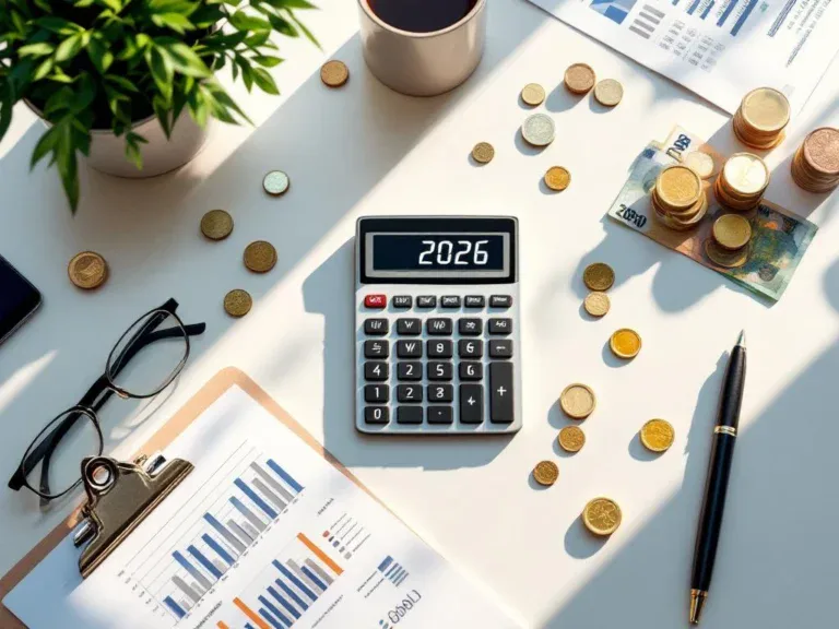 Calculator toont "2026" omringd door eurobankbiljetten, munten en financiële grafieken op wit bureau