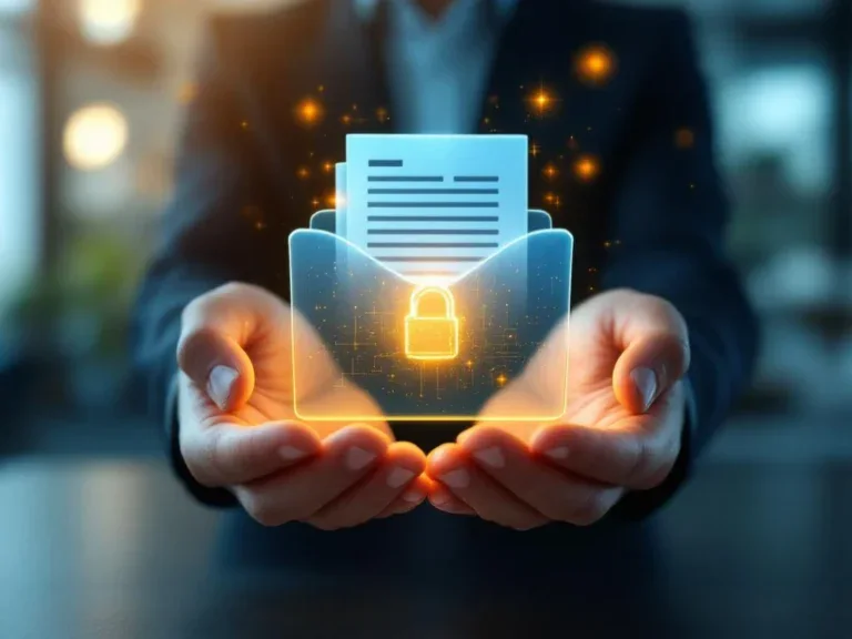 Handen beschermen gloeiende digitale map met vertrouwelijke documenten in professionele kantooromgeving