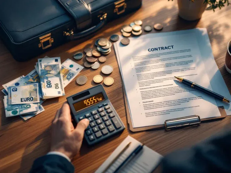 Houten bureau met calculator met euro bedragen, contractdocument, pen, geld en aktetas voor financiële coaching kosten