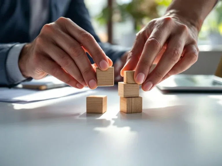 Handen plaatsen houten bouwblokken samen op wit bureau, symboliserend stapsgewijze reïntegratiedoelen en vooruitgang.