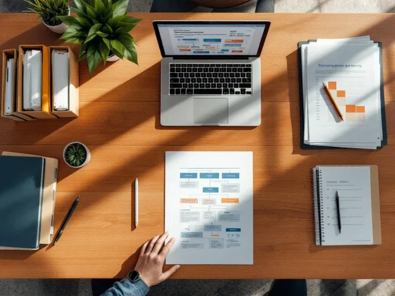 Moderne kantoorbureau met drie secties voor reïntegratieplanningsdocumenten, laptop met workflows en professionele materialen