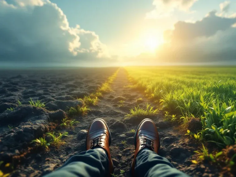 Professionele schoenen stappen van donkere grond naar groen gras, symboliseert herstel en reïntegratie met zonlicht