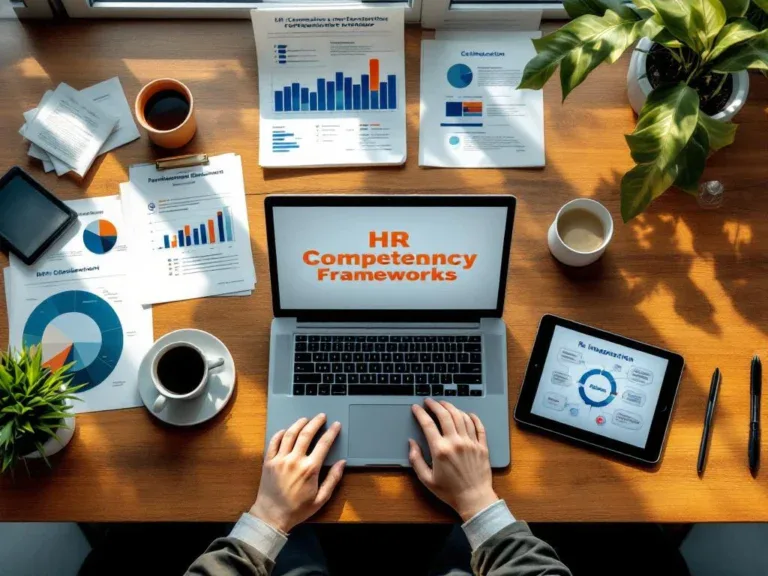 Bovenaanzicht van modern bureau met laptop met HR-competentiekaders, omringd door ontwikkelingsmaterialen en tablet