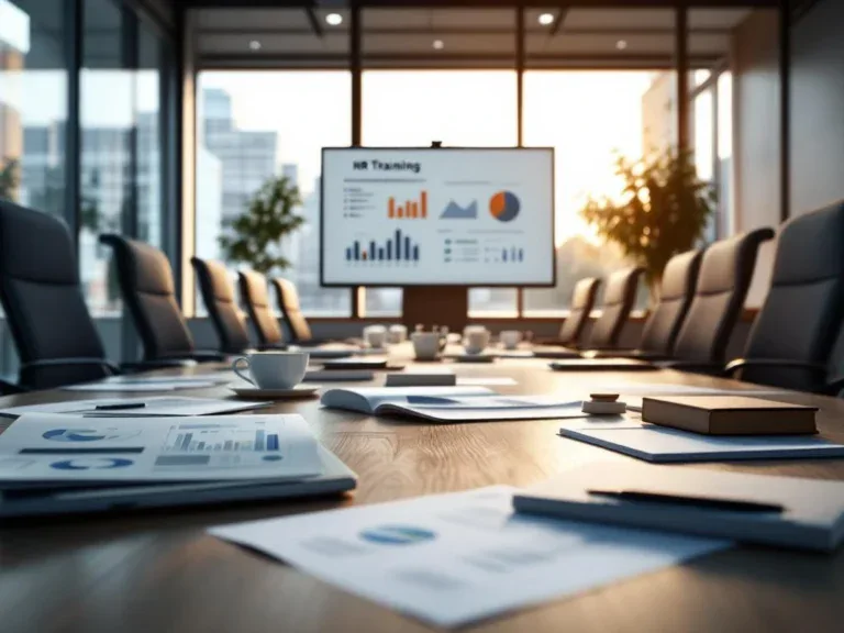 Moderne bedrijfstrainingsruimte met laptop met HR-trainingsmaterialen, ergonomische stoelen en presentatiescherm