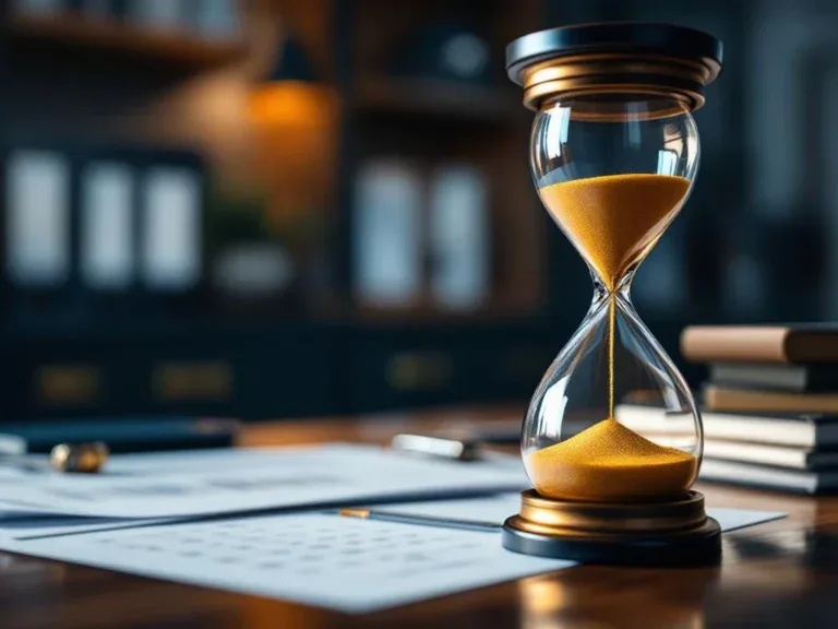 Zandloper met gouden zand op houten bureau naast juridische documenten en agenda, benadrukt juridische deadlines