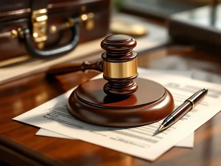 Houten hamer op juridische documenten met aktetas op mahonie bureau, warme verlichting benadrukt rechtszaak thema