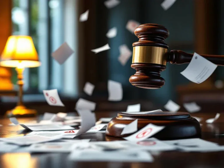 Houten hamer slaat op juridische documenten met rode waarschuwingssymbolen op donkere bureau in rechtbank