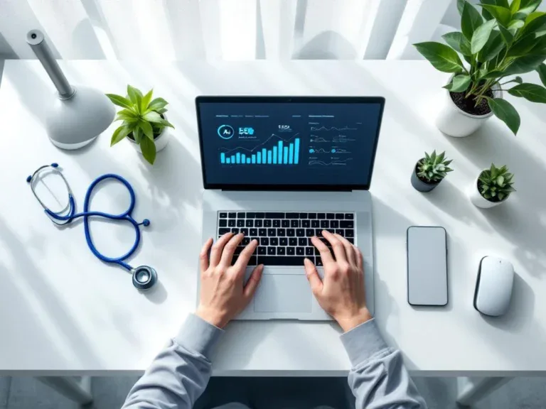 Moderne kantoorwerkplek met laptop met gezondheidsanalyses, stethoscoop en groene planten voor workplace wellness