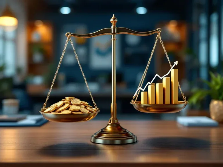 Moderne weegschaal op bureau met gouden munten en groeigrafiek, symboliseert kosten-batenanalyse voor mkb-bedrijven