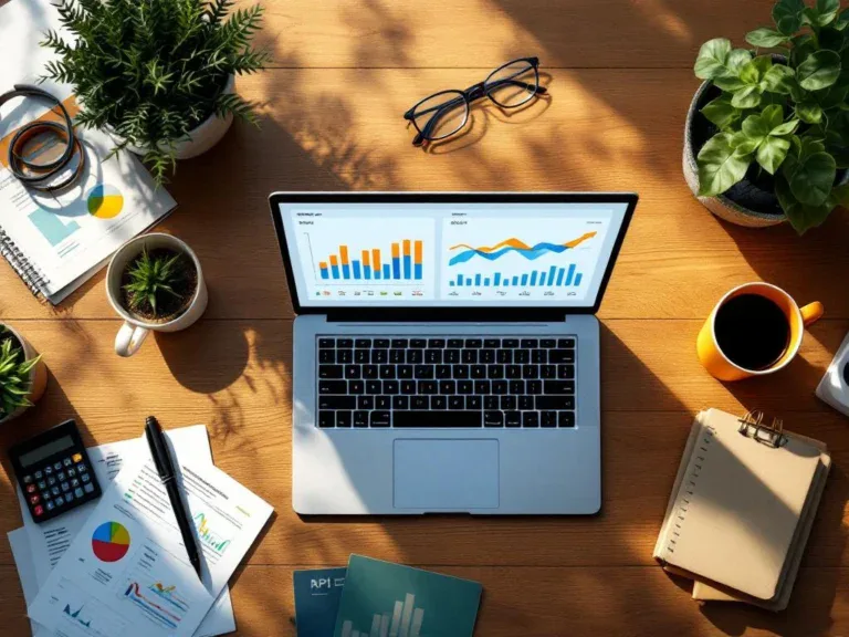 Laptop met kleurrijke KPI-dashboard op houten bureau omringd door documenten, rekenmachine en koffiekop