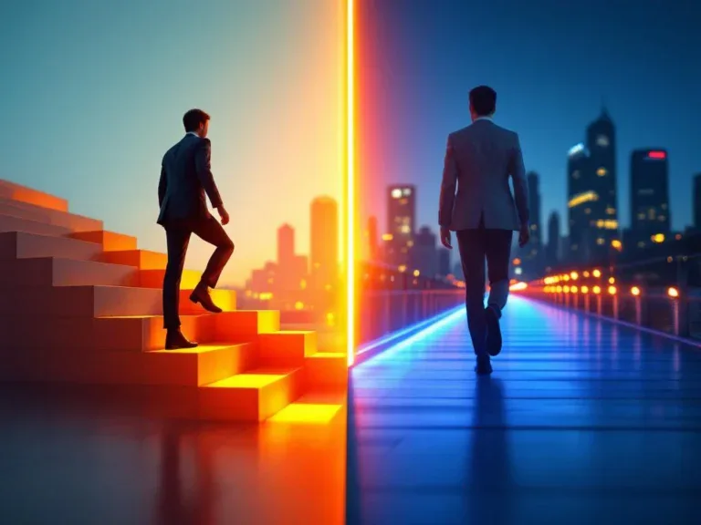 Twee professionele carrièrepaden: persoon klimt oranje trappen voor re-integratie, andere loopt blauw verlichte brug naar nieuwe kansen