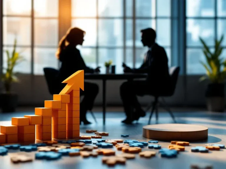 Professionele coaching sessie met twee personen aan bureau, opwaartse pijl van blokken en puzzelstukjes symboliseren groei