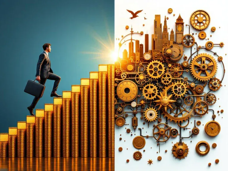 Zakenman klimt gouden trap van euromuntjes naar licht, weegschaal balanceert aktetas tegen stadsmodel, tandwielen rechts