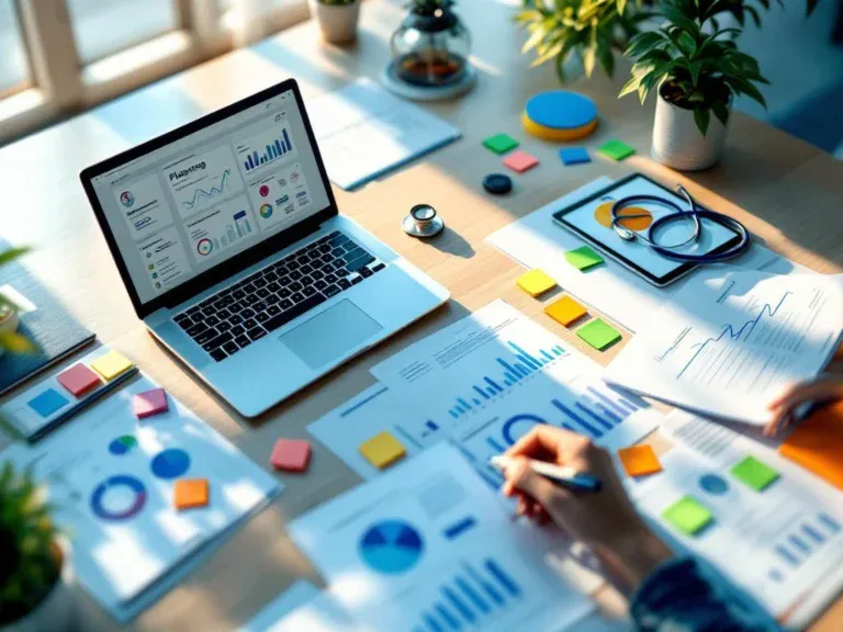 Moderne bureautafel met laptop, tablet met gezondheidsanalyses, stethoscoop en georganiseerde documenten van bovenaf gezien